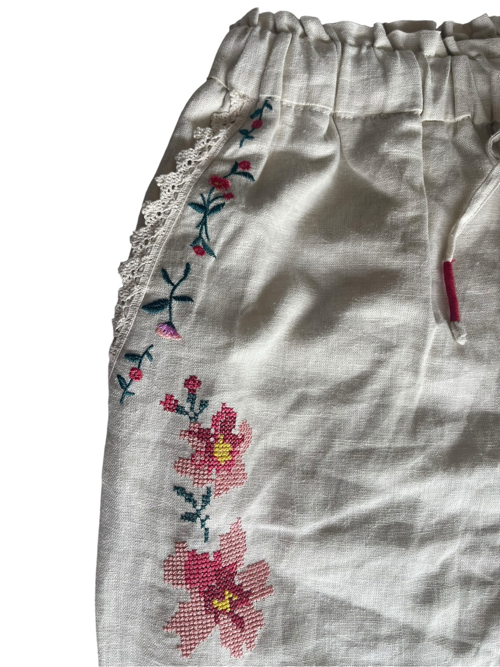 Calypso St. Barth Cream Floral-Embroidered Elastic Waist Pants